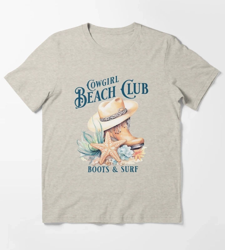 Beach Cowgirl Boots and Surf Western Cowgirl Beach Vibe T-Shirt Cream