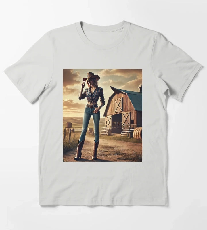 Beautiful Cowgirl with Barn in the Background T-Shirt Light Grey