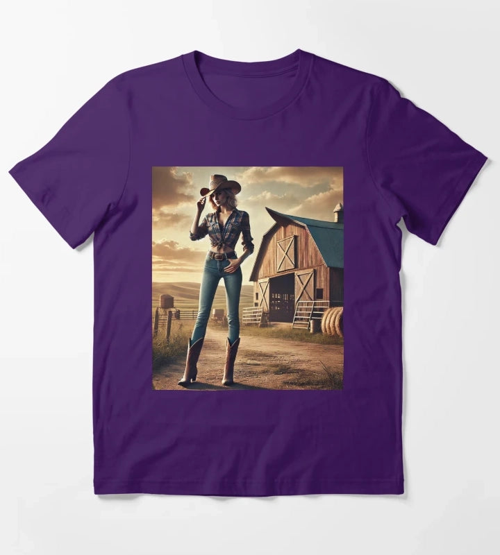 Beautiful Cowgirl with Barn in the Background T-Shirt Purple