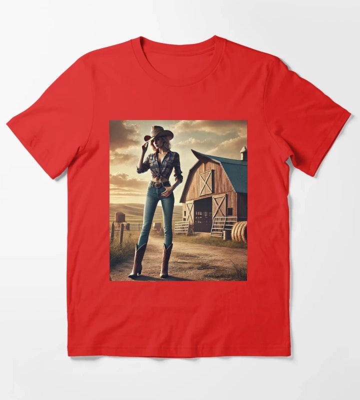 Beautiful Cowgirl with Barn in the Background T-Shirt Red
