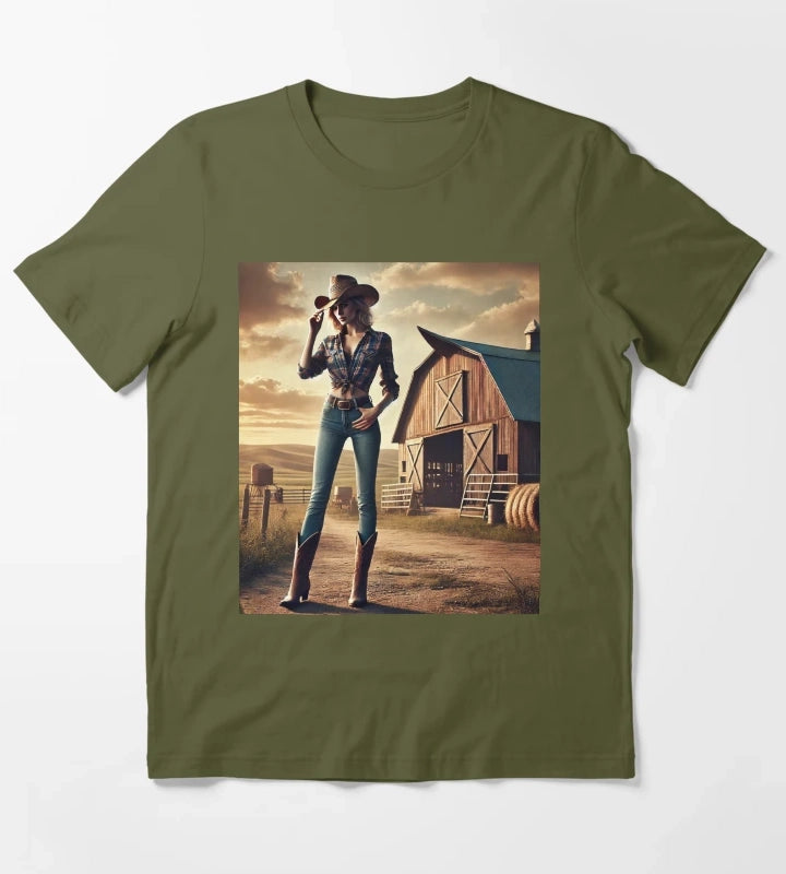 Beautiful Cowgirl with Barn in the Background T-Shirt Olive Green