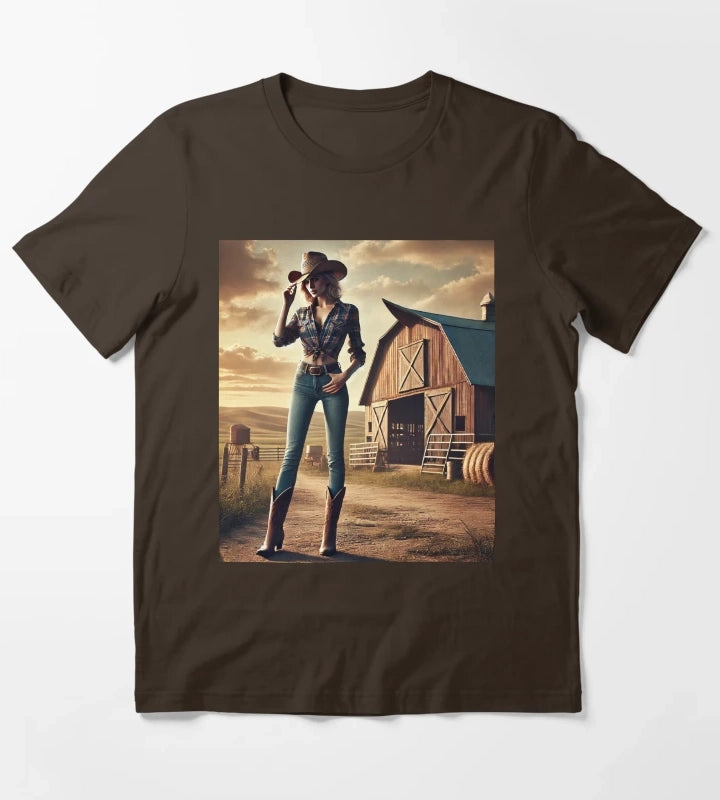 Beautiful Cowgirl with Barn in the Background T-Shirt Brown