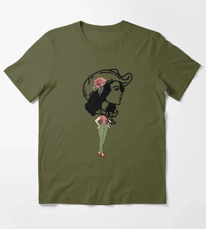 Big head Cowgirl Western world T-Shirt Olive Green