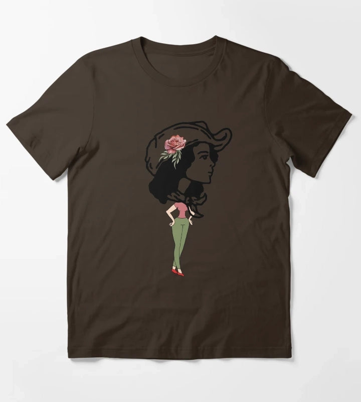 Big head Cowgirl Western world T-Shirt Brown
