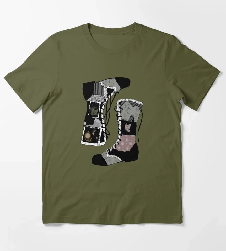 Black Boots that were made for Walking T-Shirt Olive Green