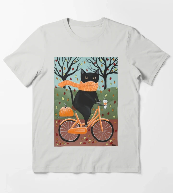 Black Cat Autumn Bicycle Ride T-Shirt Light Grey