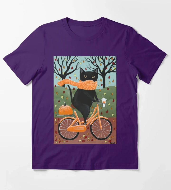 Black Cat Autumn Bicycle Ride T-Shirt Purple