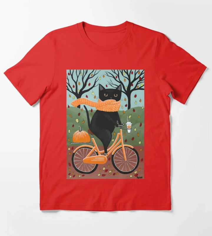 Black Cat Autumn Bicycle Ride T-Shirt Red