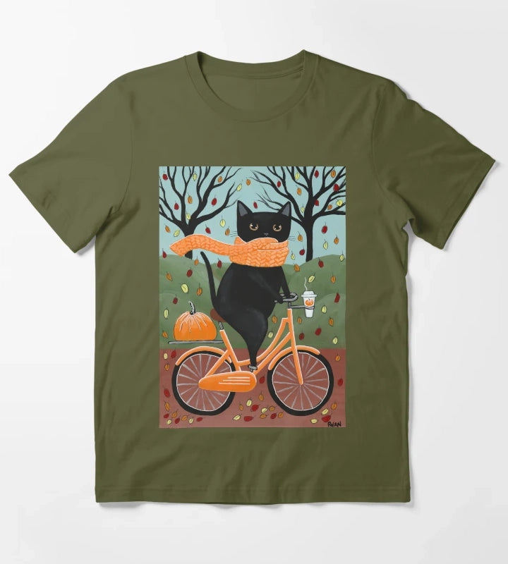 Black Cat Autumn Bicycle Ride T-Shirt Olive Green