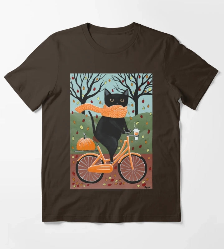 Black Cat Autumn Bicycle Ride T-Shirt Brown
