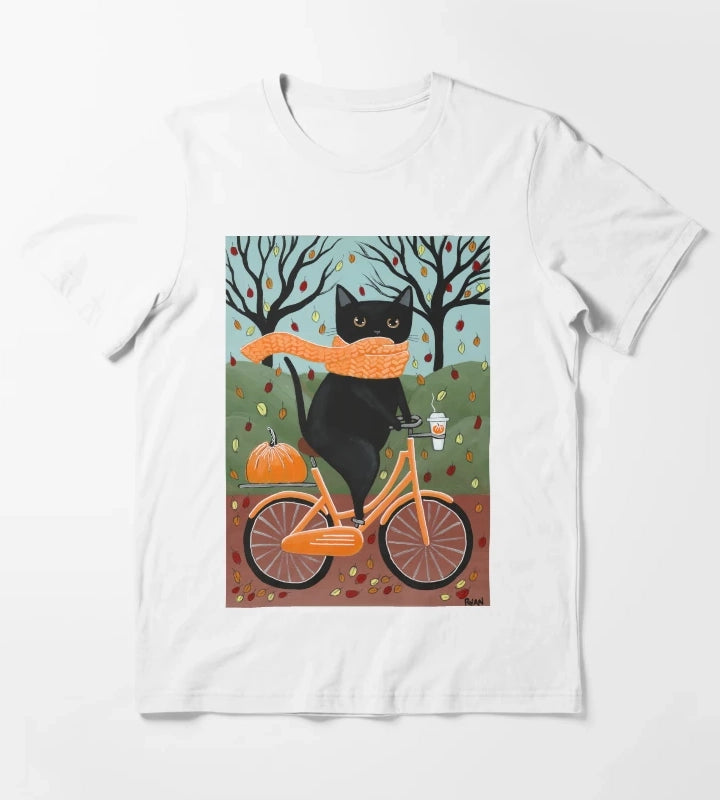 Black Cat Autumn Bicycle Ride T-Shirt White