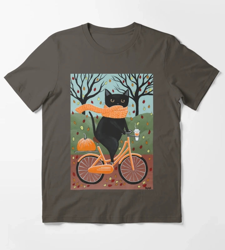 Black Cat Autumn Bicycle Ride T-Shirt Dark Grey