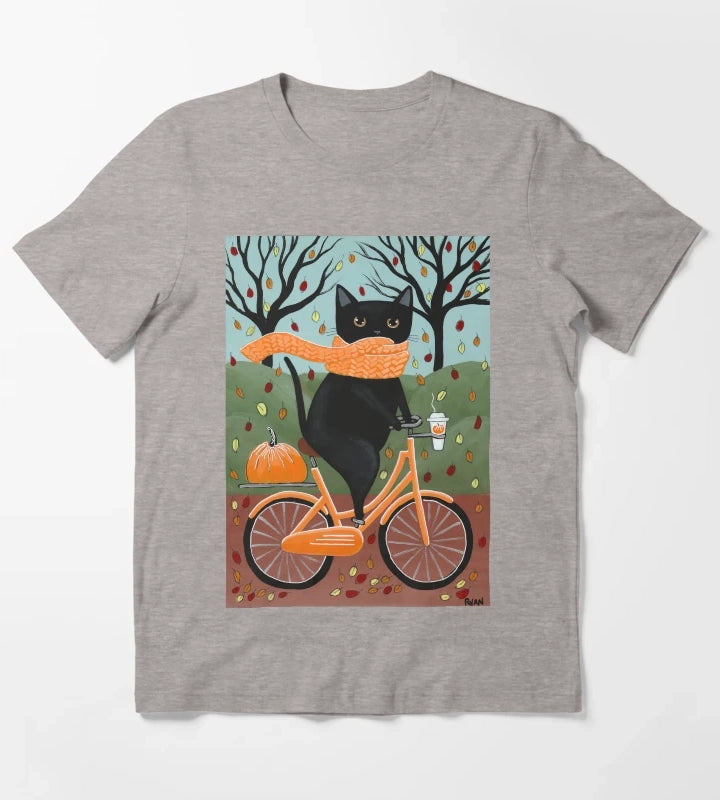 Black Cat Autumn Bicycle Ride T-Shirt Heather Grey
