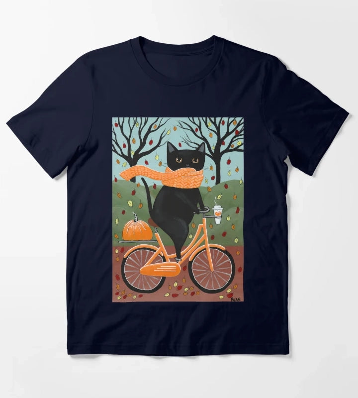 Black Cat Autumn Bicycle Ride T-Shirt Navy