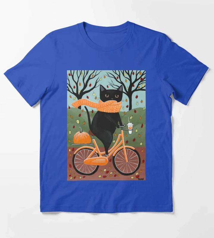 Black Cat Autumn Bicycle Ride T-Shirt Blue