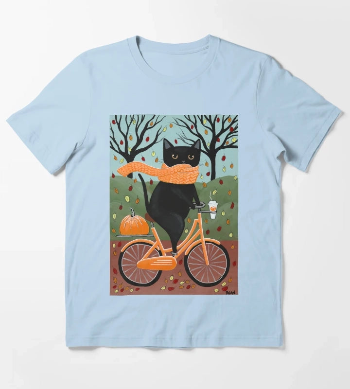 Black Cat Autumn Bicycle Ride T-Shirt Sky Blue