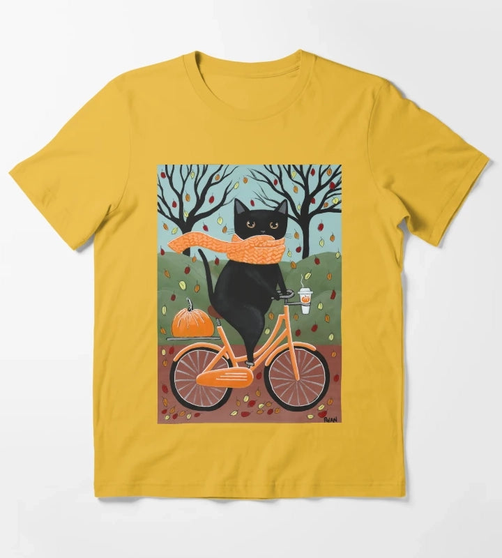 Black Cat Autumn Bicycle Ride T-Shirt Yellow