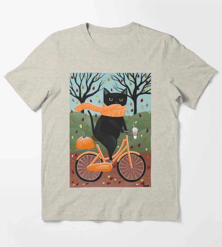 Black Cat Autumn Bicycle Ride T-Shirt Cream
