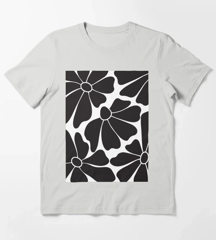 Black Daisy Floral Pattern T-Shirt Light Grey