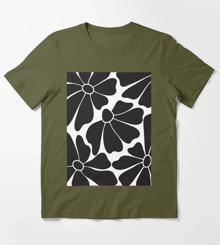 Black Daisy Floral Pattern T-Shirt Olive Green
