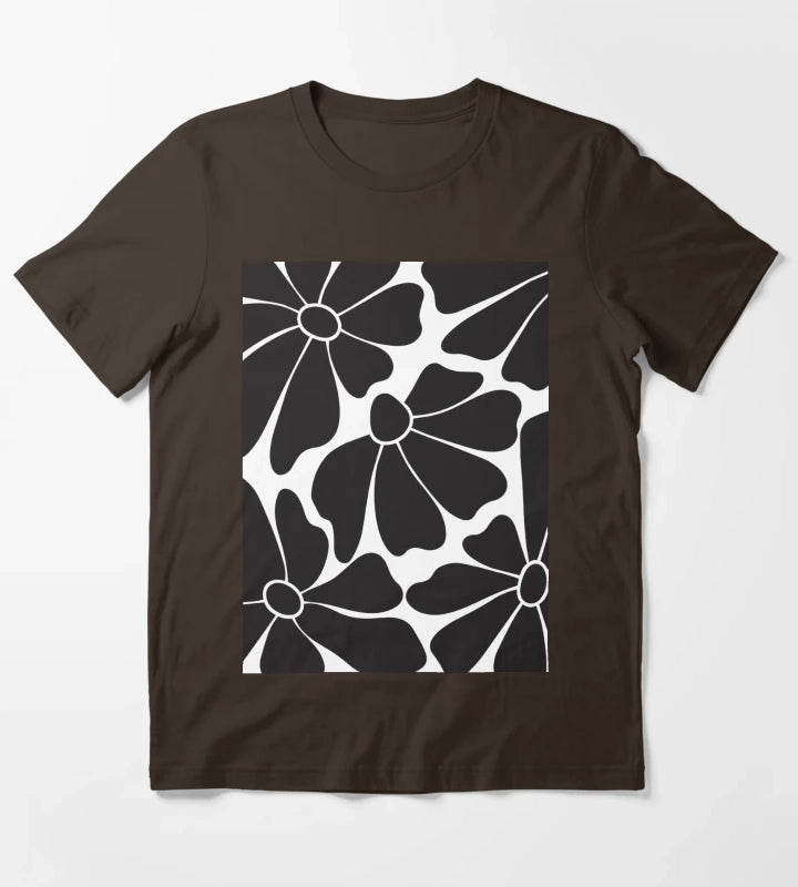 Black Daisy Floral Pattern T-Shirt Brown