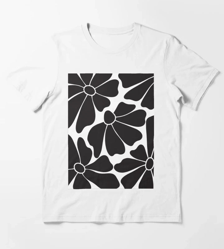 Black Daisy Floral Pattern T-Shirt White