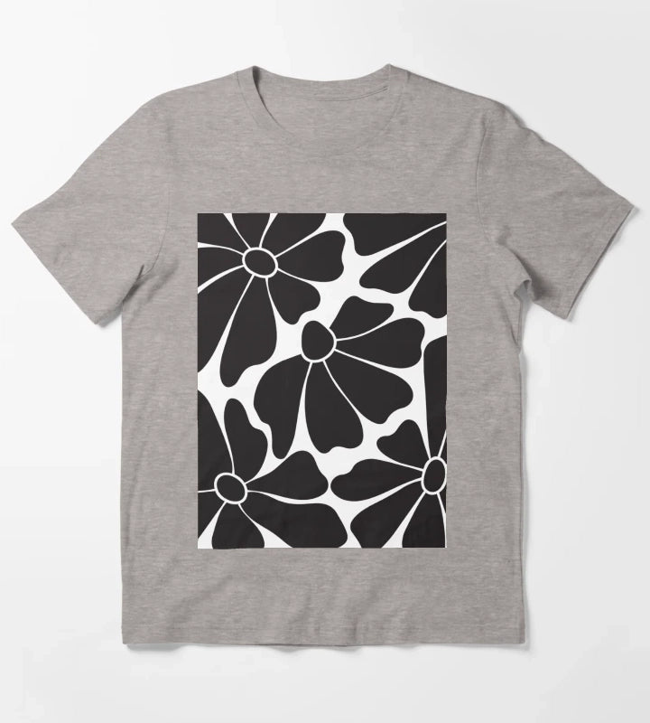 Black Daisy Floral Pattern T-Shirt Heather Grey