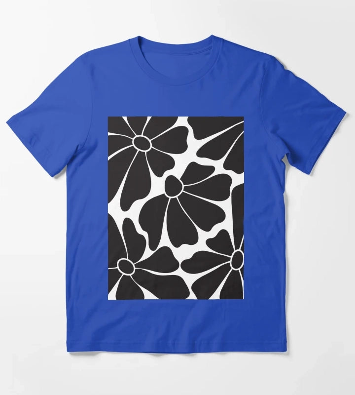 Black Daisy Floral Pattern T-Shirt Blue