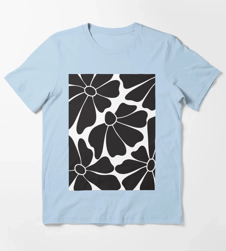 Black Daisy Floral Pattern T-Shirt Sky Blue