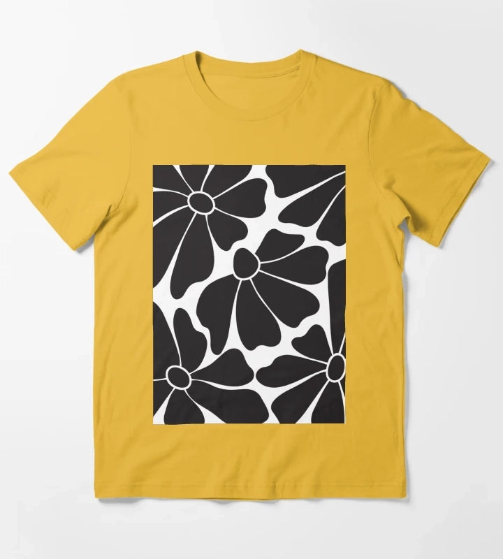 Black Daisy Floral Pattern T-Shirt Yellow