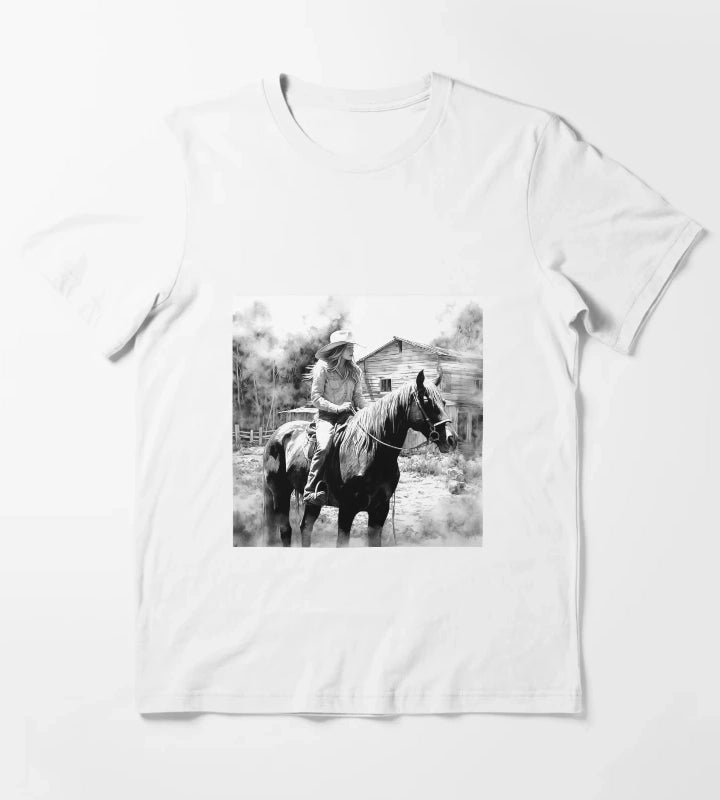 Black and White Cowgirl on Horse Western Art T-Shirt White