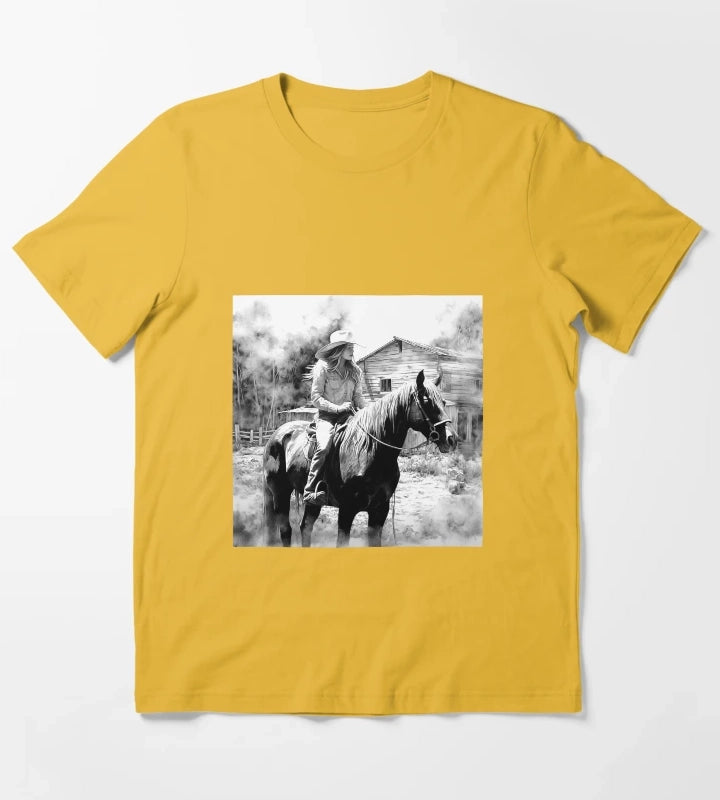 Black and White Cowgirl on Horse Western Art T-Shirt Yellow