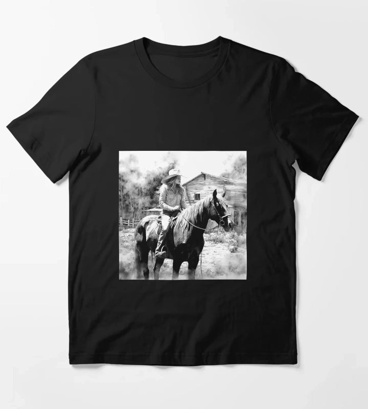 Black and White Cowgirl on Horse Western Art T-Shirt