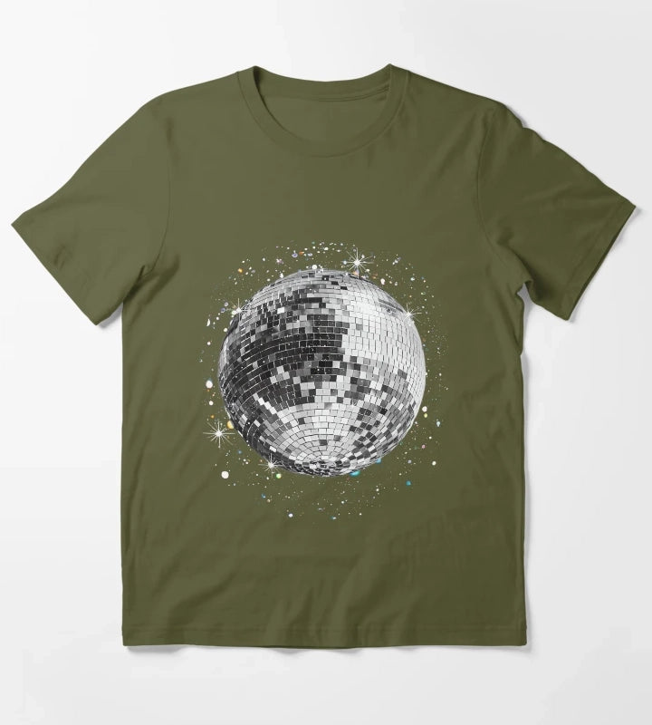Black and White Disco Ball Club Retro T-Shirt Olive Green