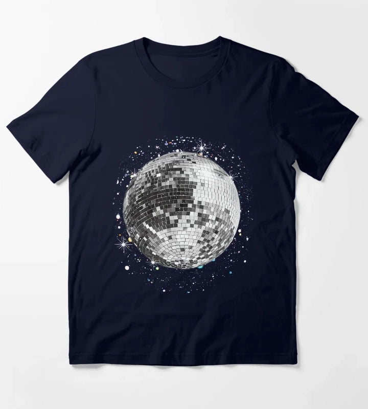 Black and White Disco Ball Club Retro T-Shirt Navy