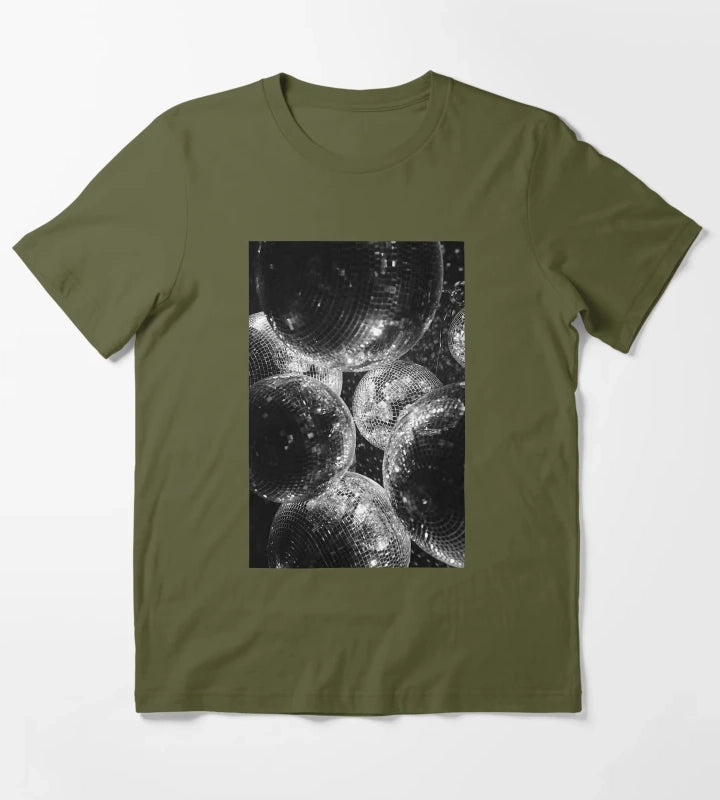 Black and White Disco Shining Balls T-Shirt Olive Green