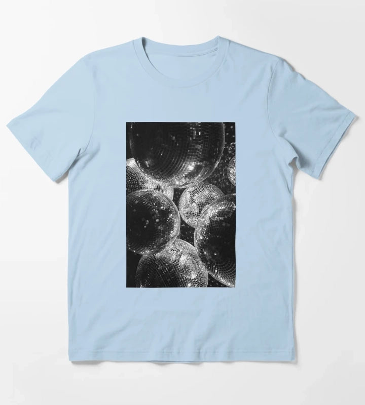 Black and White Disco Shining Balls T-Shirt Sky Blue