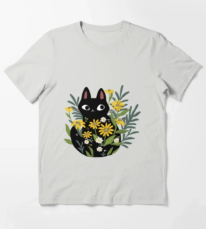 Black cat with flowers T-Shirt Light Grey