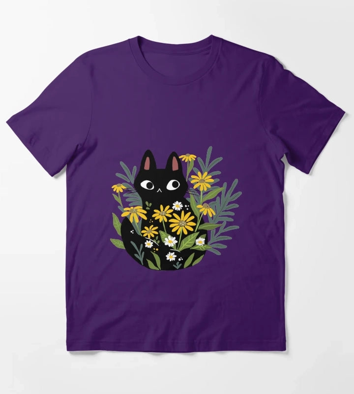 Black cat with flowers T-Shirt Purple
