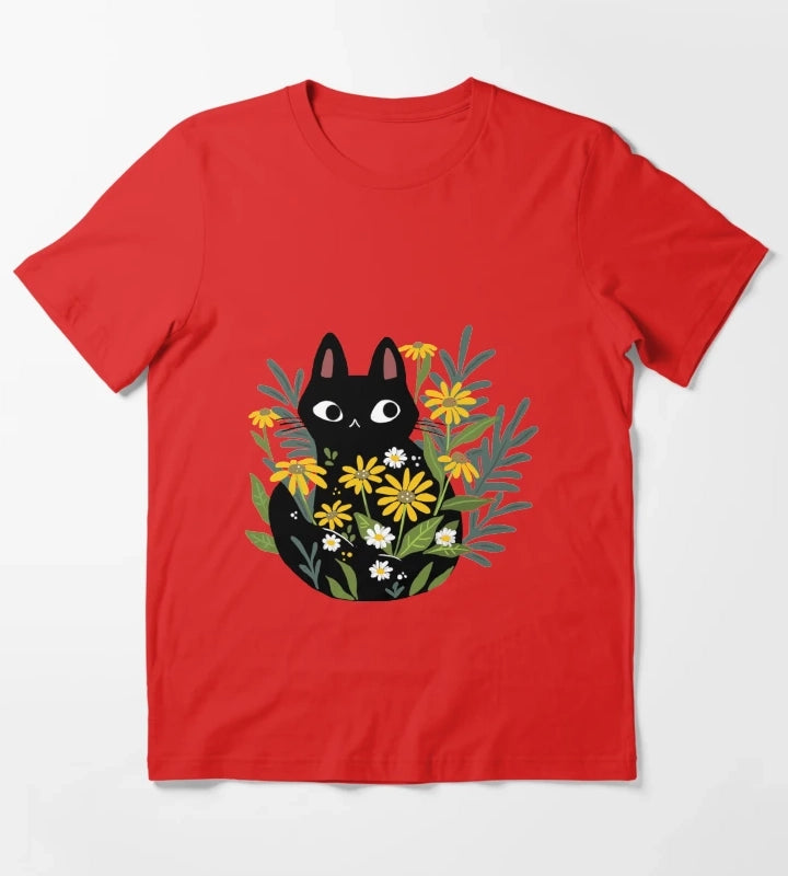 Black cat with flowers T-Shirt Red