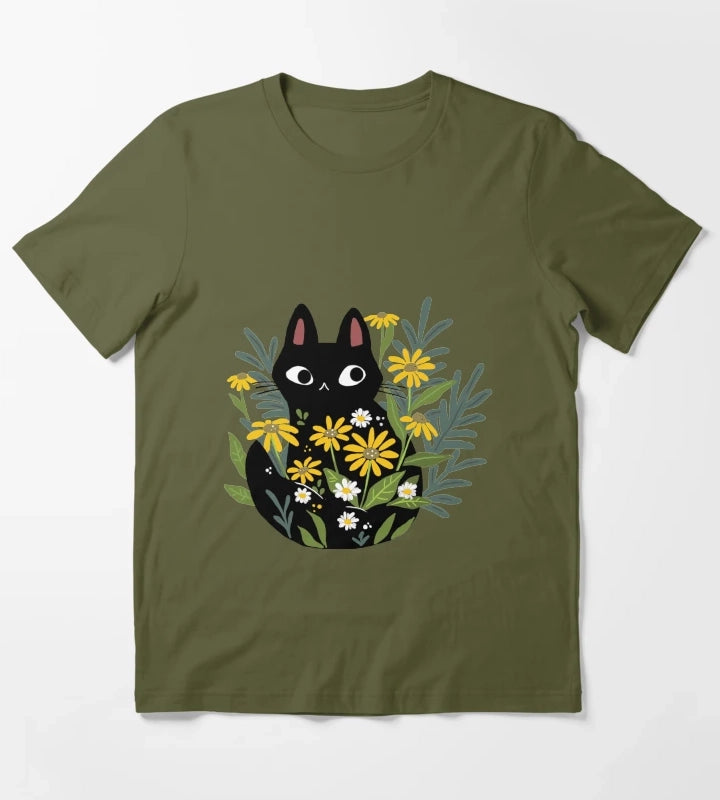 Black cat with flowers T-Shirt Olive Green
