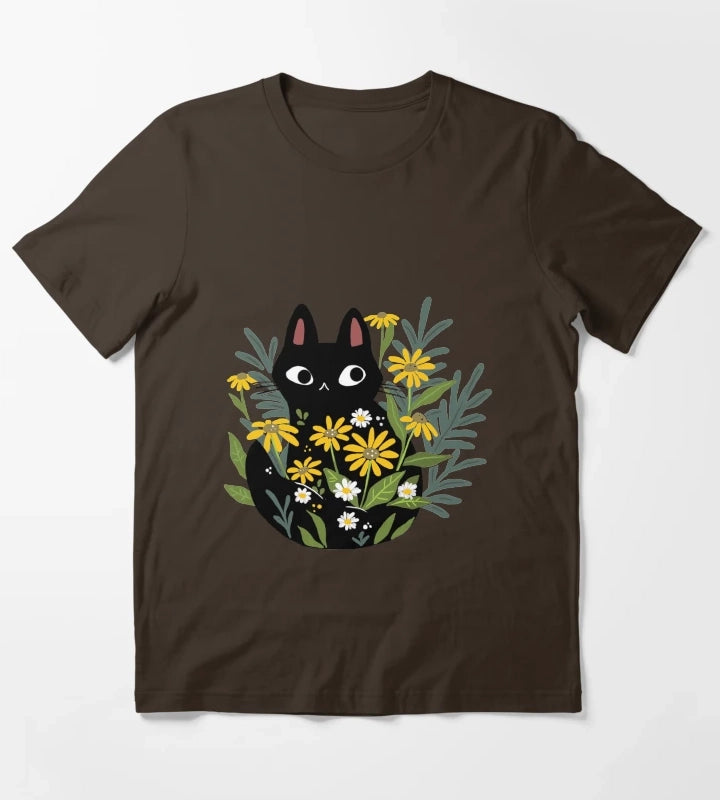 Black cat with flowers T-Shirt Brown