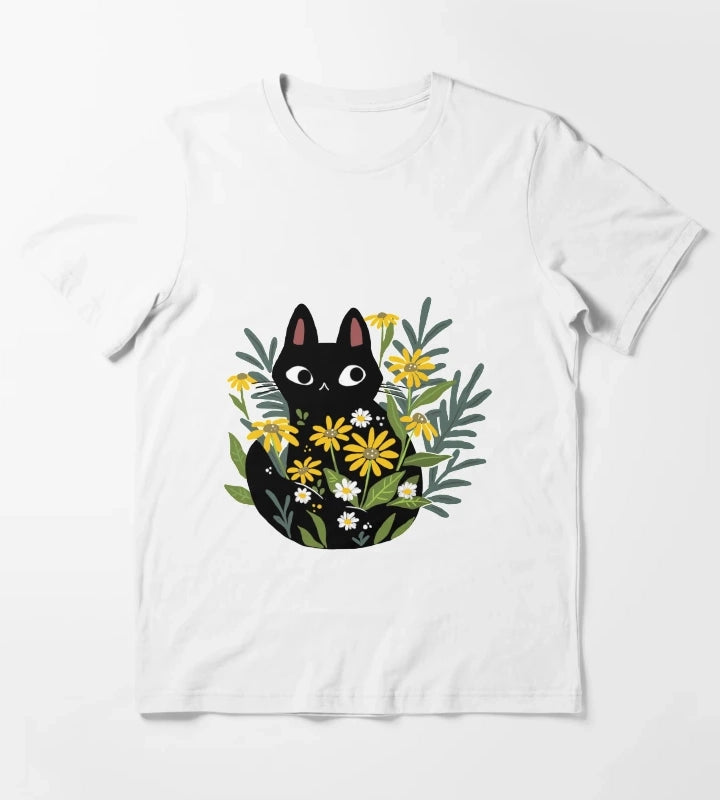 Black cat with flowers T-Shirt White