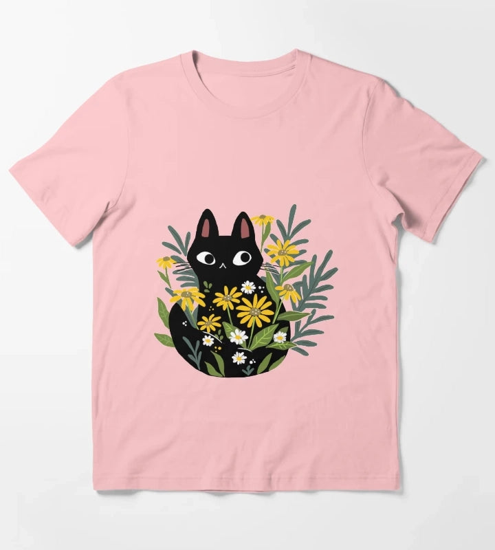 Black cat with flowers T-Shirt Dark Grey