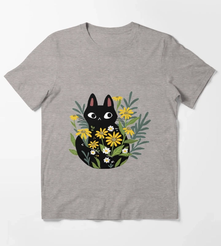 Black cat with flowers T-Shirt Heather Grey