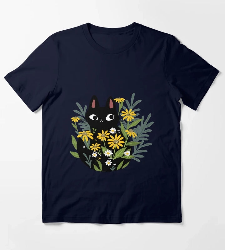 Black cat with flowers T-Shirt Navy
