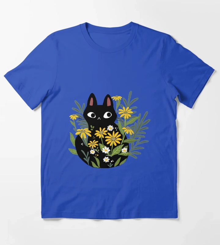 Black cat with flowers T-Shirt Blue