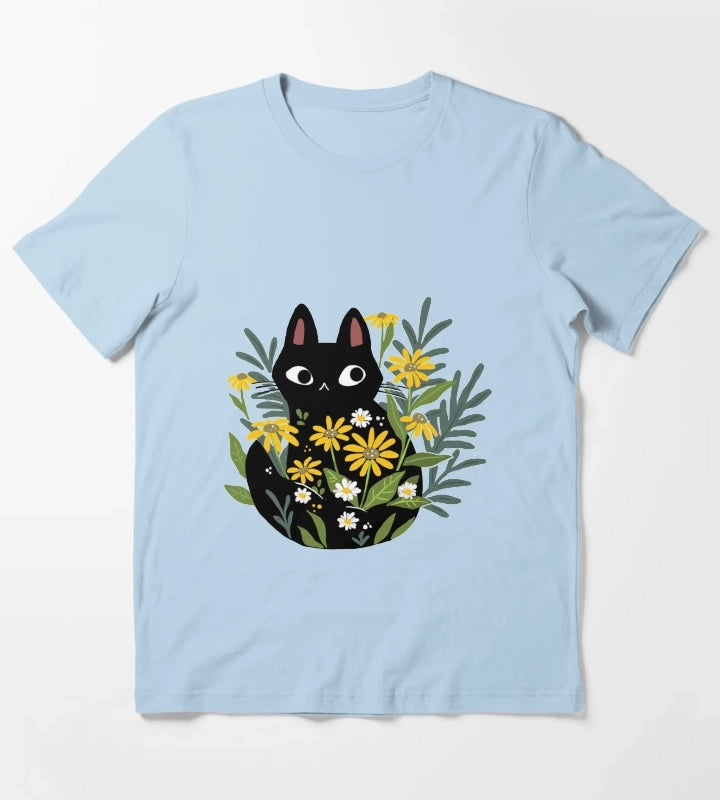 Black cat with flowers T-Shirt Sky Blue
