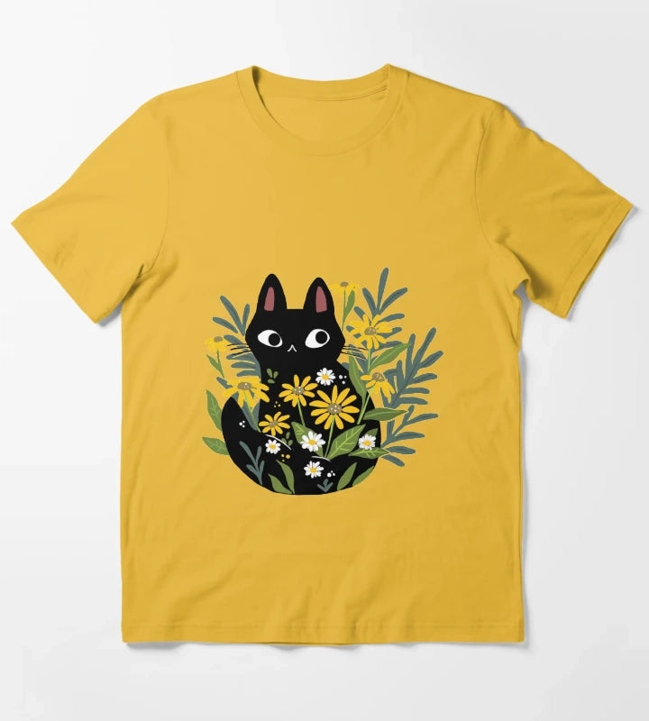 Black cat with flowers T-Shirt Yellow