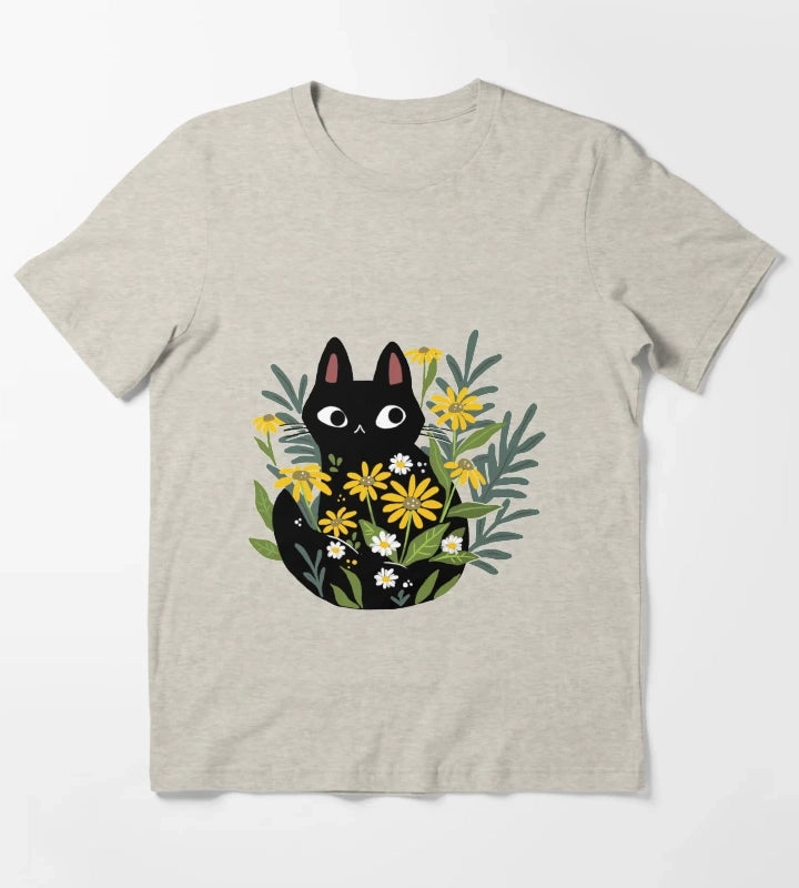 Black cat with flowers T-Shirt Cream